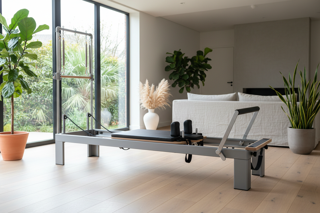 at home grey pilates reformer machine aesthetic