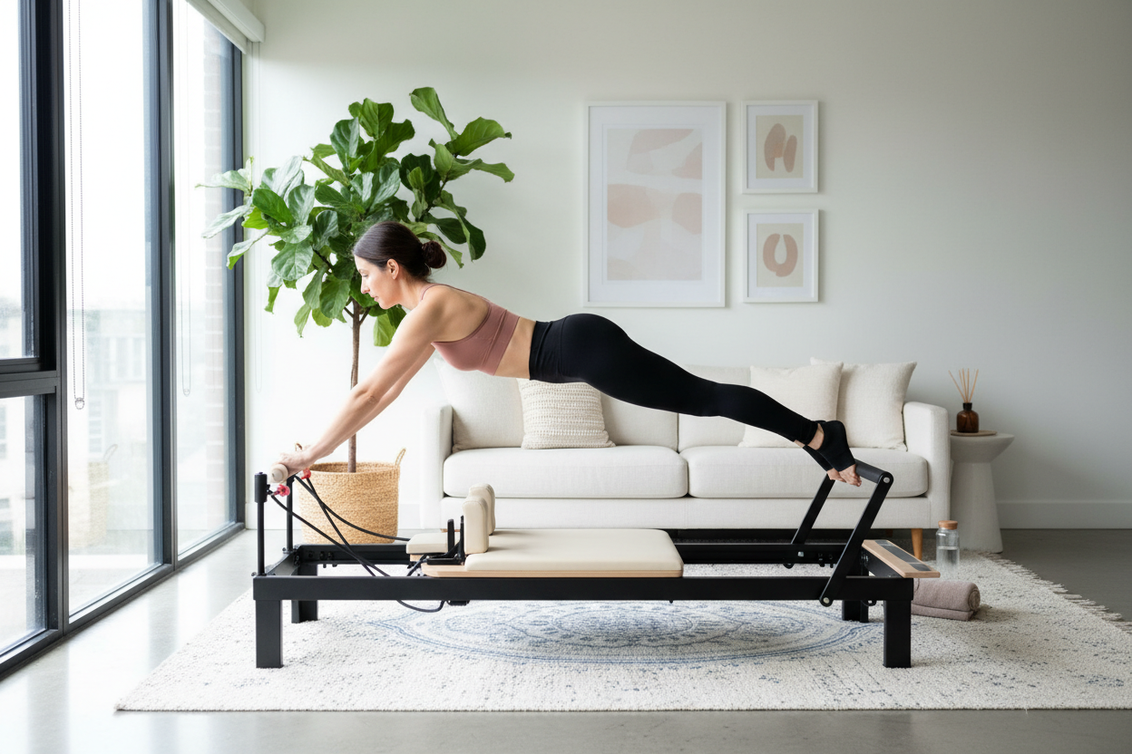 generate a picture of a women using her at home pilates machine 